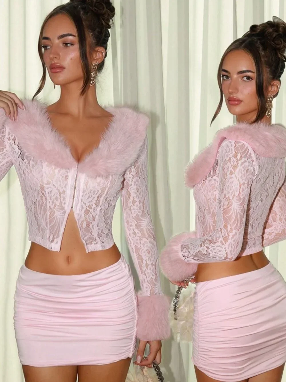 Pink Party Women's faux Fur trim Sheer Lace Long Sleeve top & Mini Skirt Set